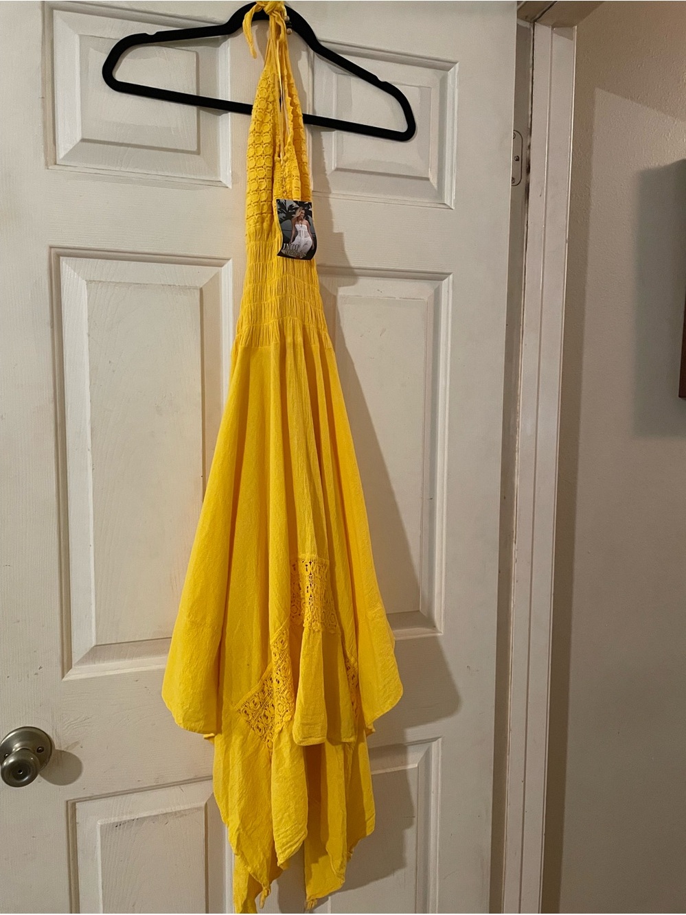 NWT Indimodas Yellow 100% Cotton Smocked Crochet Handkerchief Hem Halter Dress